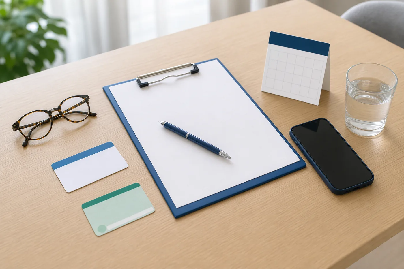 Blank referral paperwork, appointment calendar and preparation items on a desk