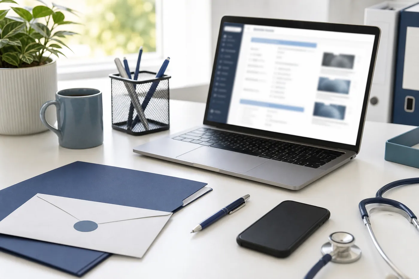 Secure imaging report follow-up workspace with laptop and documents