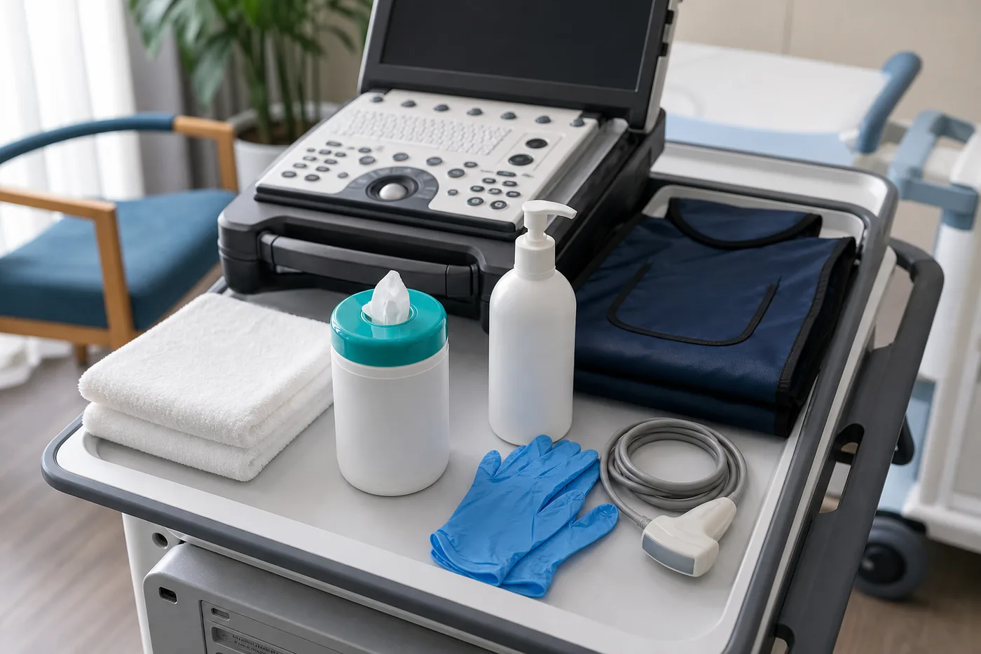 Clean mobile imaging equipment with gloves, wipes and safety supplies