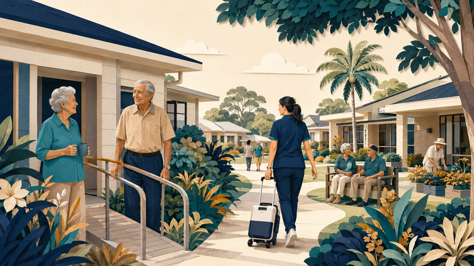 Editorial illustration of older people and mobile care in a Queensland community