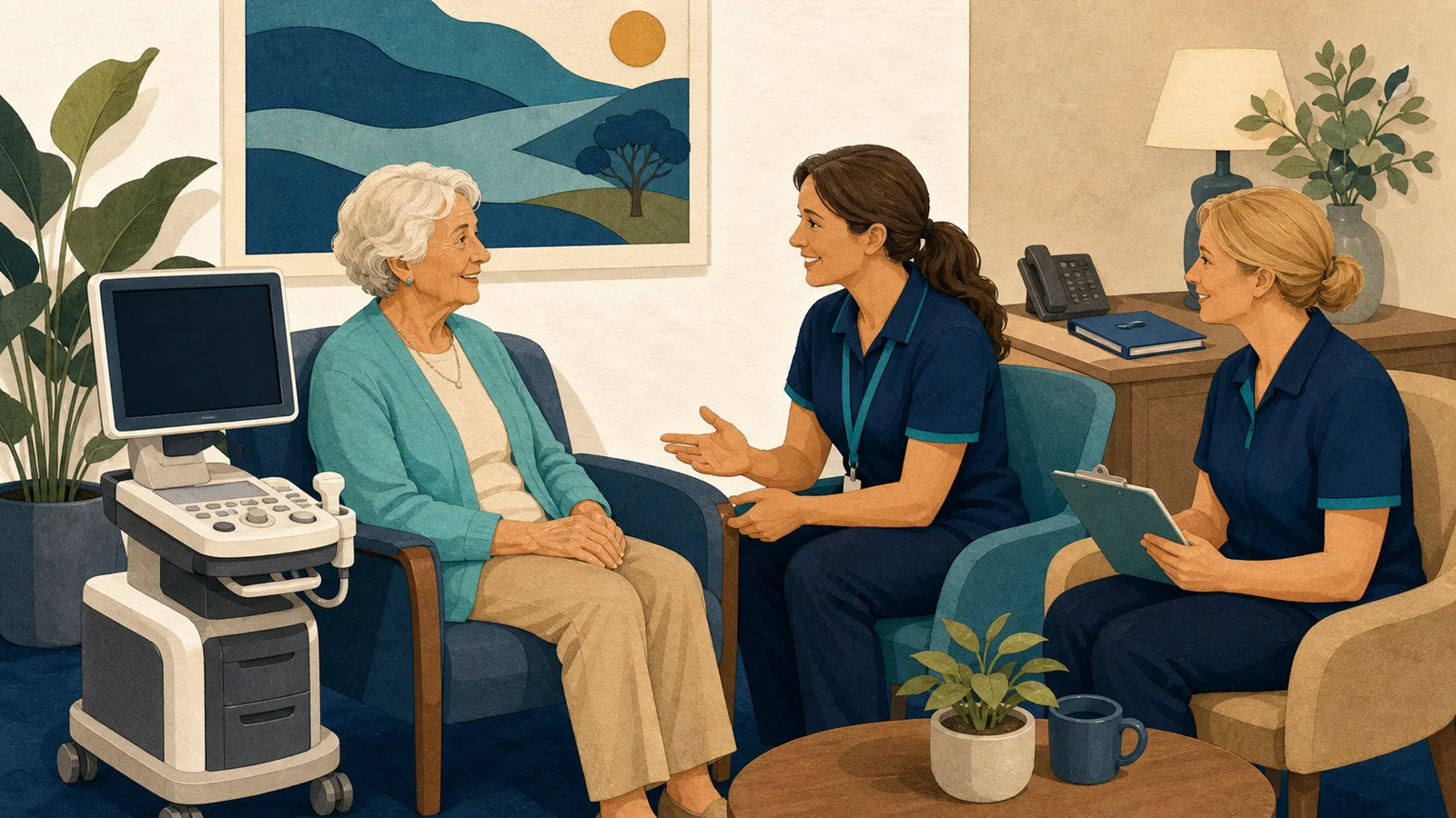 Editorial illustration of a resident and clinicians discussing an imaging visit